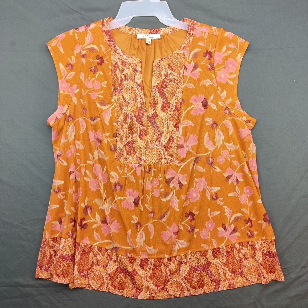 Les Serein Blouse‎ Womens 1X Orange Floral Snakeskin Print Split Neck Top